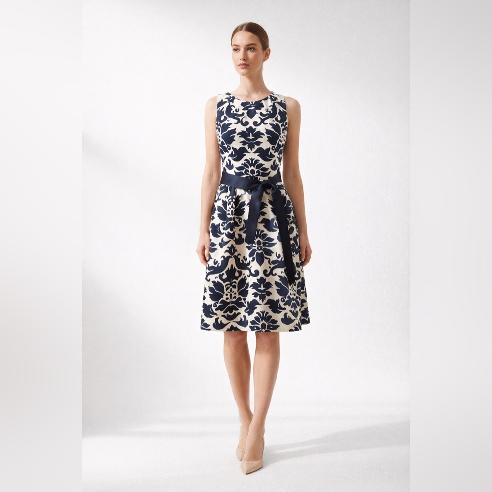 Hobbs London Size 10 Ivory Navy Floral A-Line Dress Wedding Guest